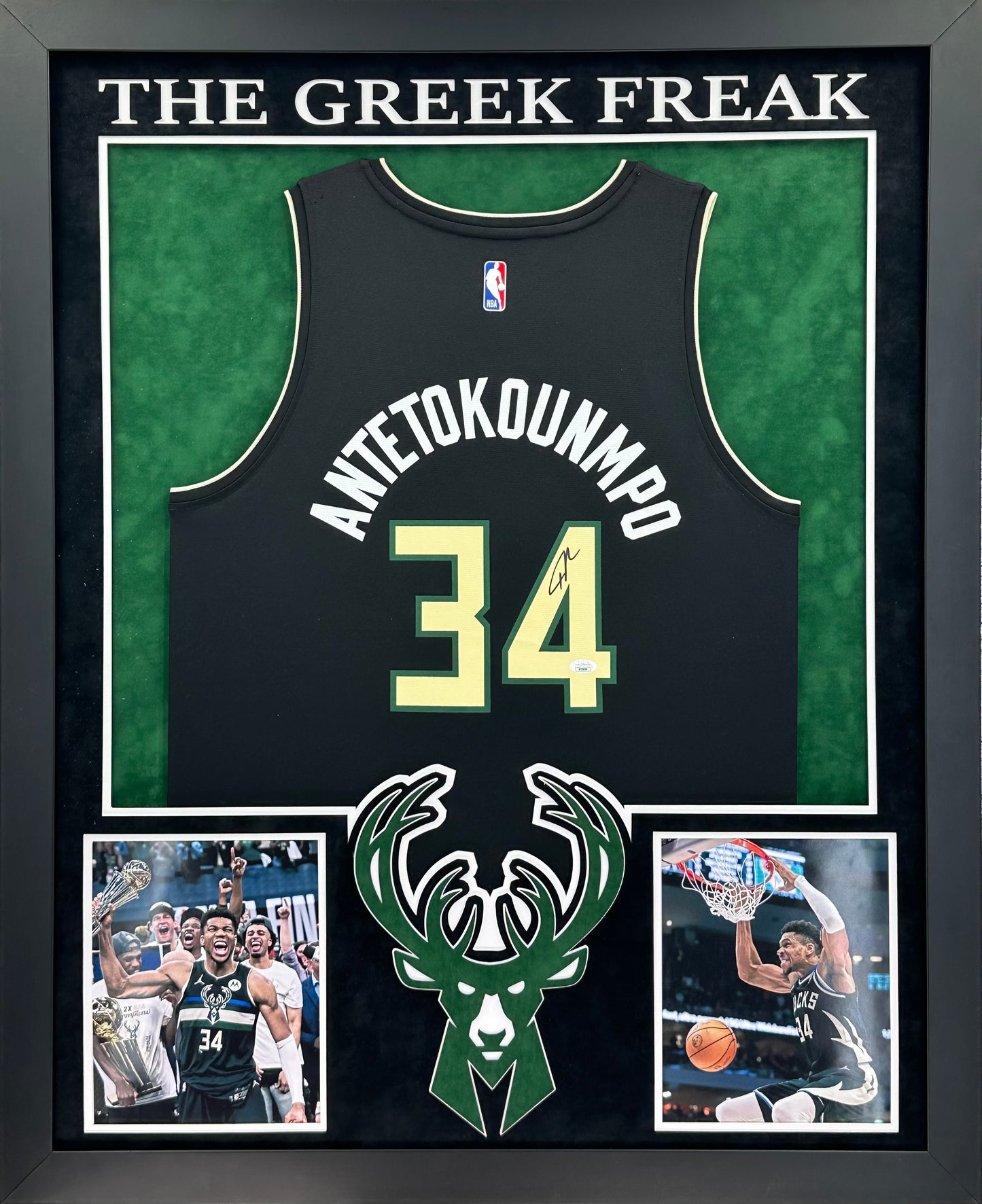 Milwaukee Bucks Giannis Antetokounmpo Hand Signed Autographed Authentic Nike Black Jersey Framed & Double Suede Matted with 3D Logo and "The Greek Freak" JSA COA