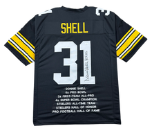 Load image into Gallery viewer, Pittsburgh Steelers Donnie Shell Hand Signed Autographed Custom Stat Jersey HOF 20 Inscription JSA COA