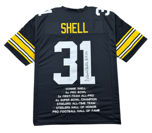 Pittsburgh Steelers Donnie Shell Hand Signed Autographed Custom Stat Jersey HOF 20 Inscription JSA COA