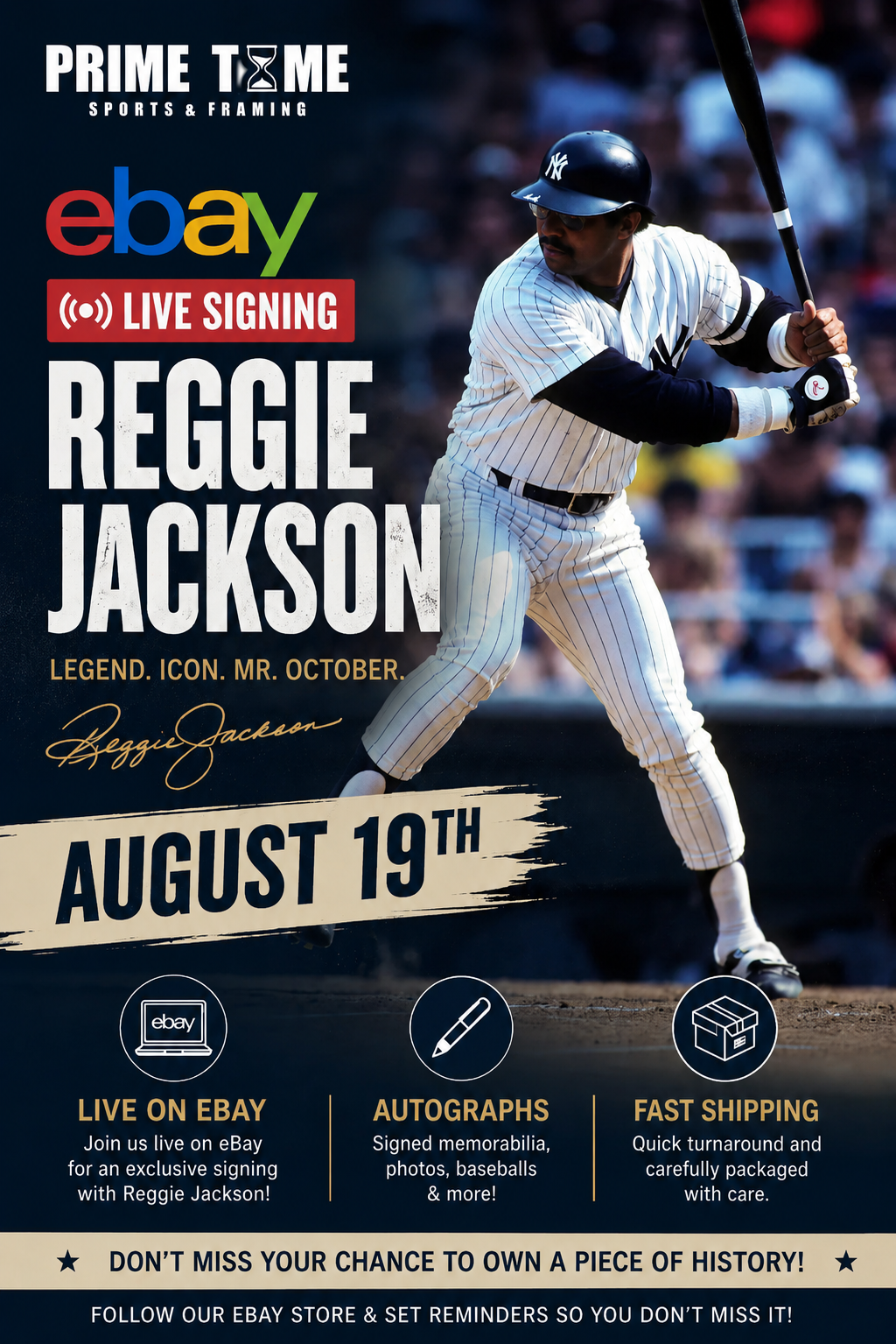 Reggie Jackson Mail-in or Drop Off Ticket for Private Signing on 1 Item YOU WILL NOT MEET REGGIE JACKSON