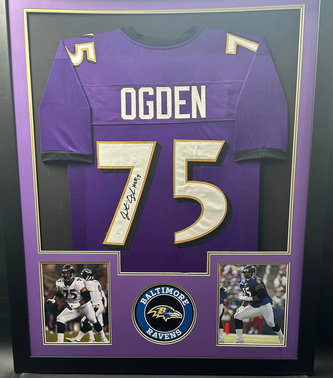 Baltimore Ravens Jonathan Ogden Signed Jersey with HOF 13 Inscription Framed & Matted with JSA COA