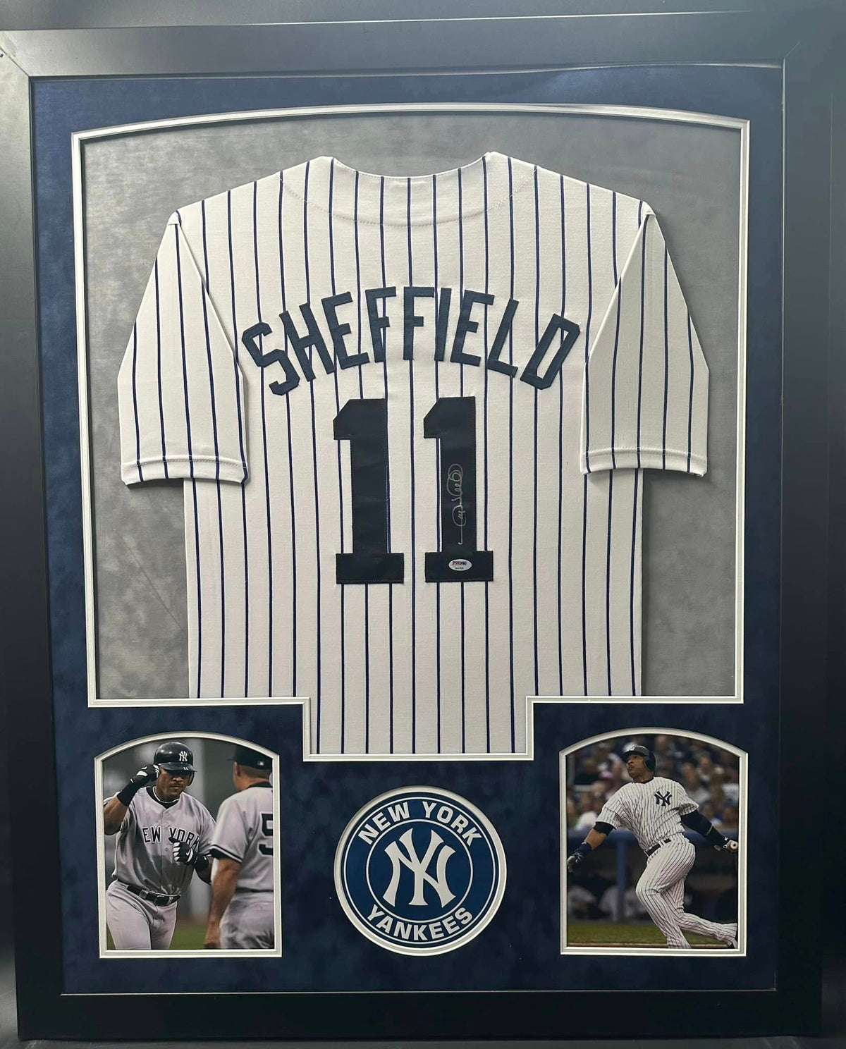 New York Yankees Gary Sheffield Hand Signed Autographed Custom Pin Striped Jersey Framed & Suede Matted with PSA COA