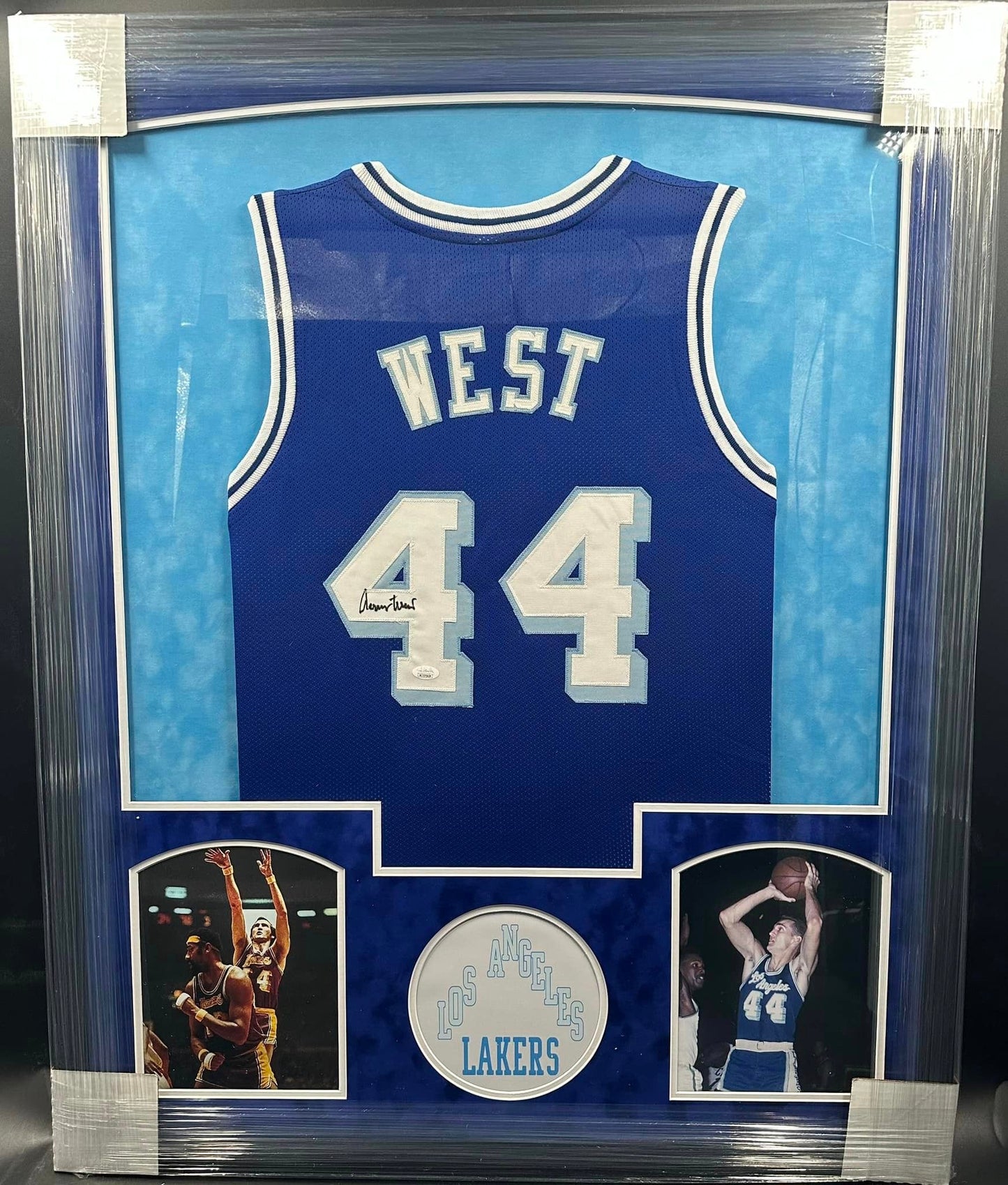 Los Angeles Lakers Jerry West Hand Signed Autographed Custom Blue Jersey Framed & Suede Matted with JSA COA