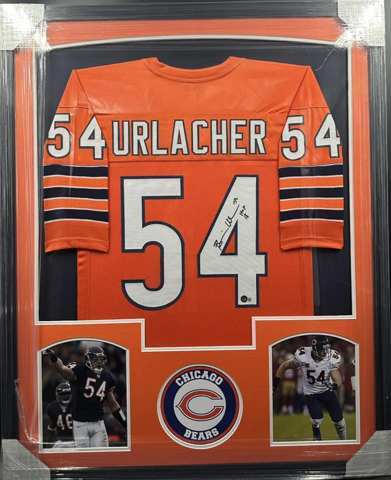 Chicago Bears Brian Urlacher Hand Signed Autographed Custom Orange Jersey with Hof 18 Inscription Framed & Matted with BECKETT COA