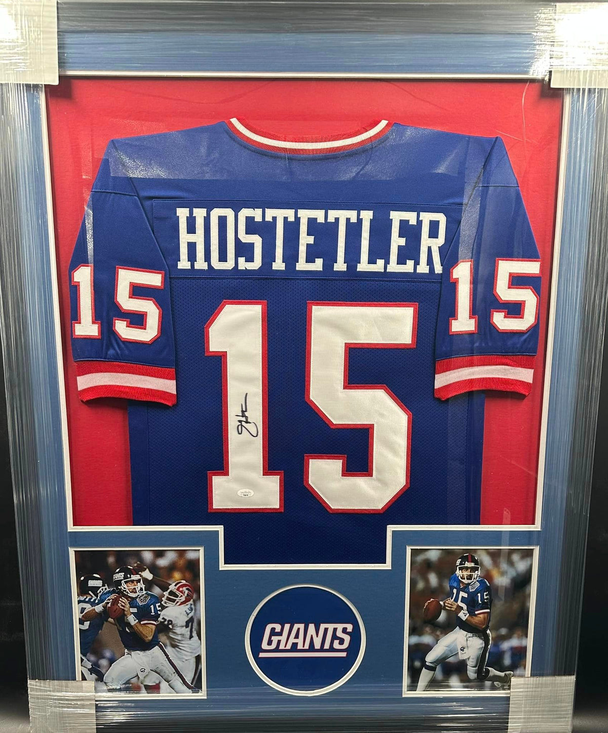 New York Giants Jeff Hostetler Hand Signed Autographed Custom Blue Jersey Framed & Matted with JSA COA