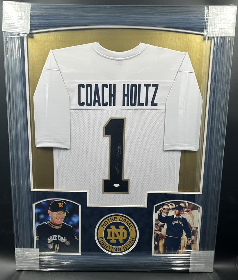 University of Notre Dame Coach Lou Holtz Hand Signed Autographed Custom White Jersey Framed & Suede Matted with JSA COA