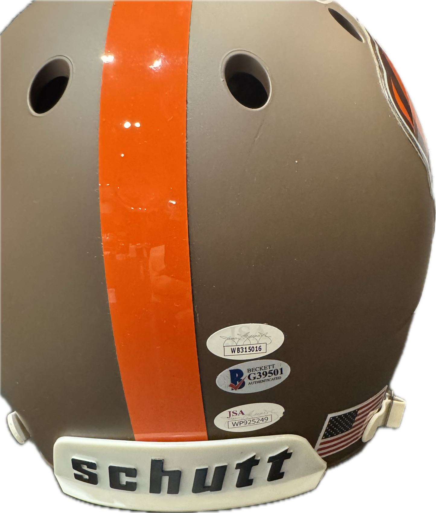 Cleveland Browns Bernie Kosar & Baker Mayfield Dual Hand Signed Autographed Custom Dawg Logo Full Size Authentic Helmet with JSA & BECKETT COA