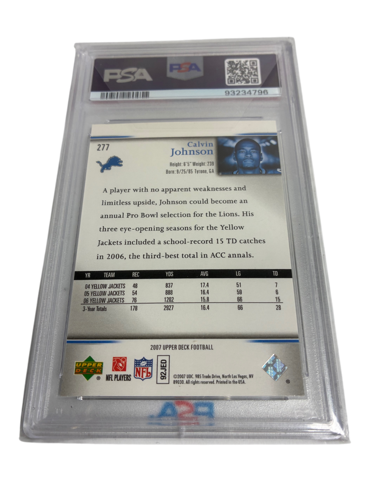 Calvin Johnson 2007 Star Rookie #277 Detroit Lions Football Gem MT 10 PSA/DNA
