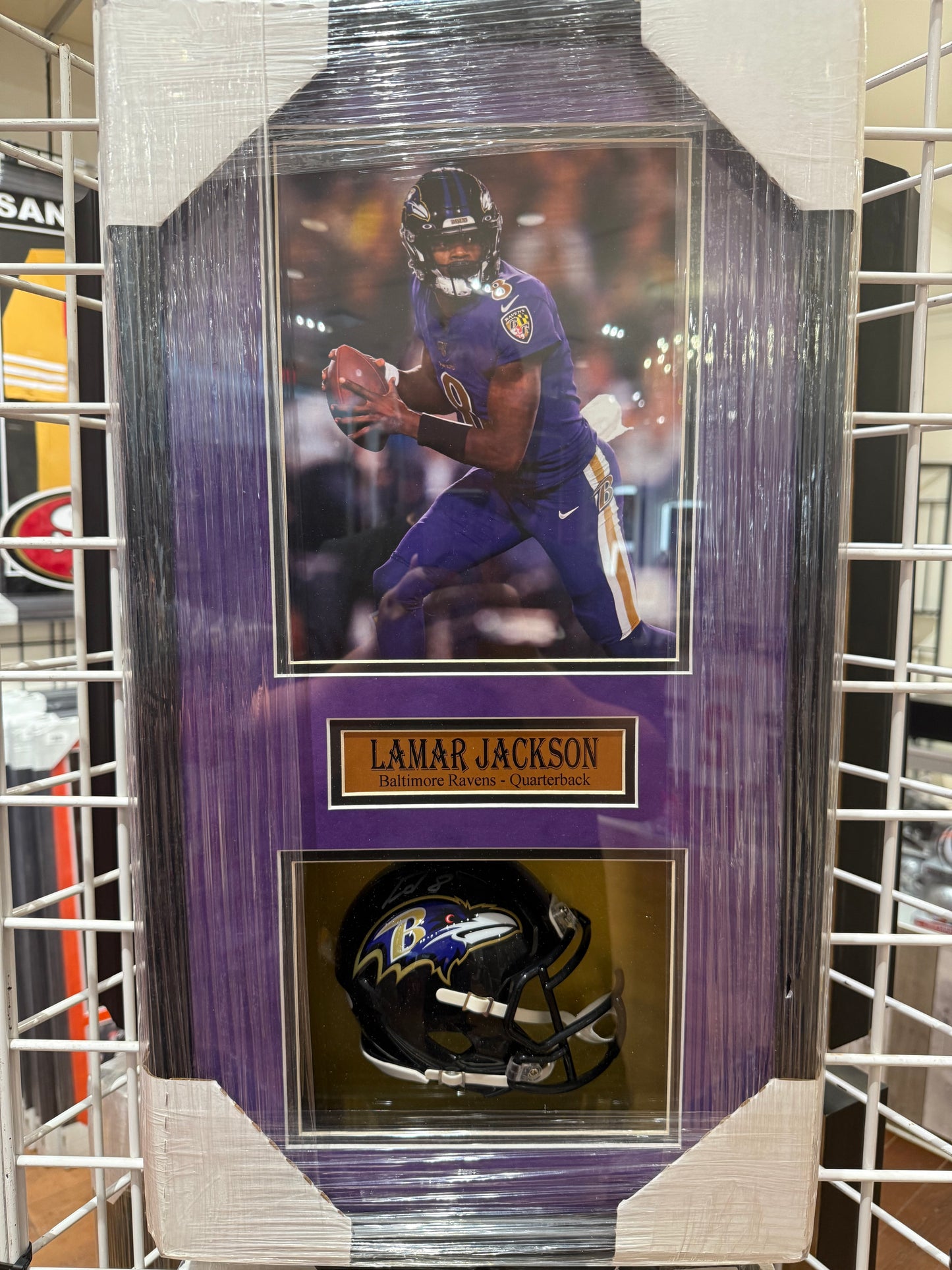 Baltimore Ravens Lamar Jackson Hand Signed Autographed Black Mini Helmet Framed with Suede Matting Includes JSA COA