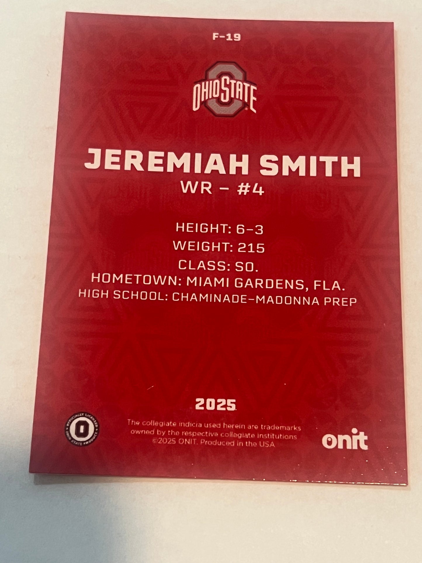 Pre-Sale Jeremiah Smith Hand Signed Autographed 2025 ONIT Athlete Ohio State Buckeyes Red Fusion Card F-19