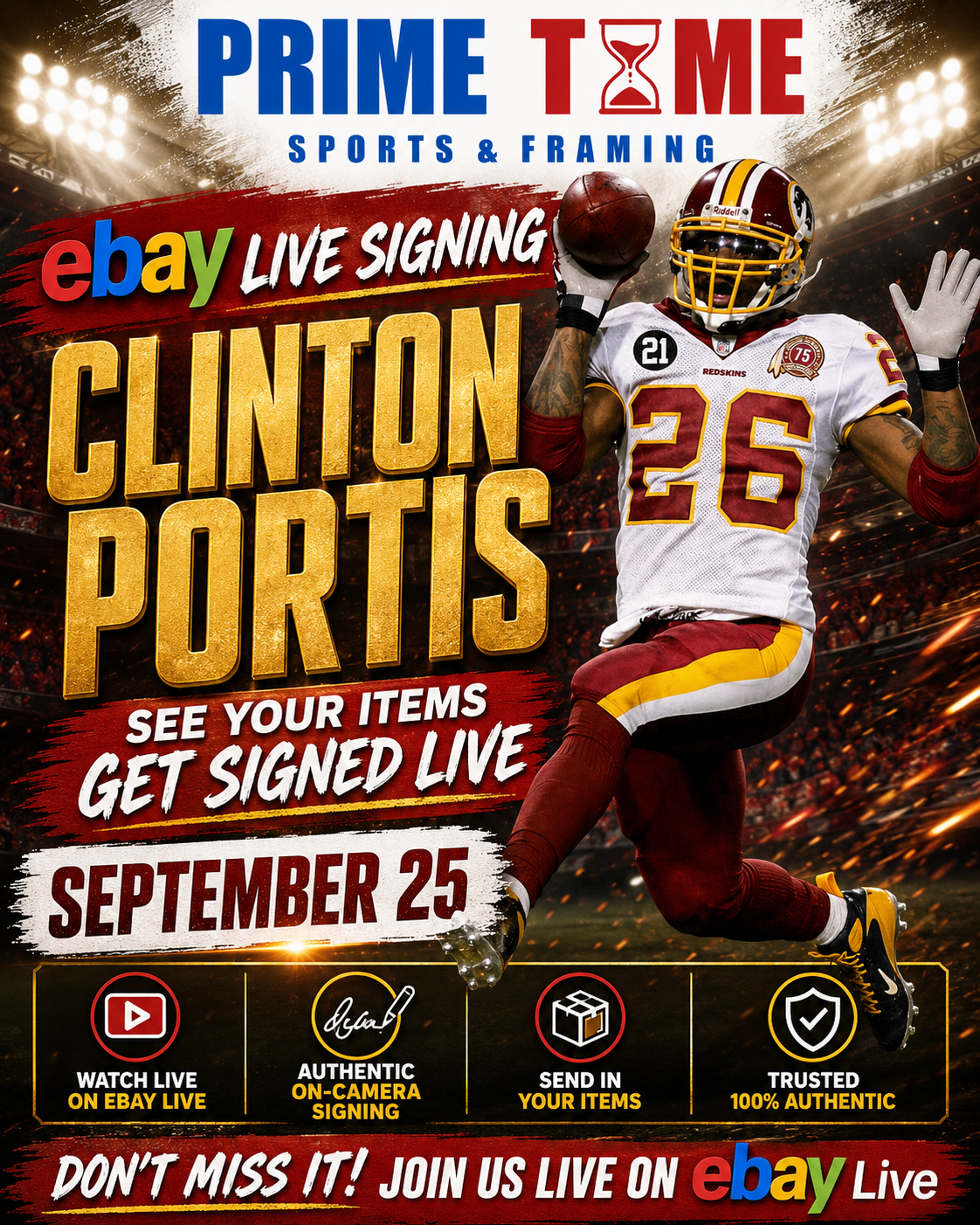 Clinton Portis Mail-in Ticket for Private Signing on 1 Item YOU WILL NOT MEET Clinton Portis
