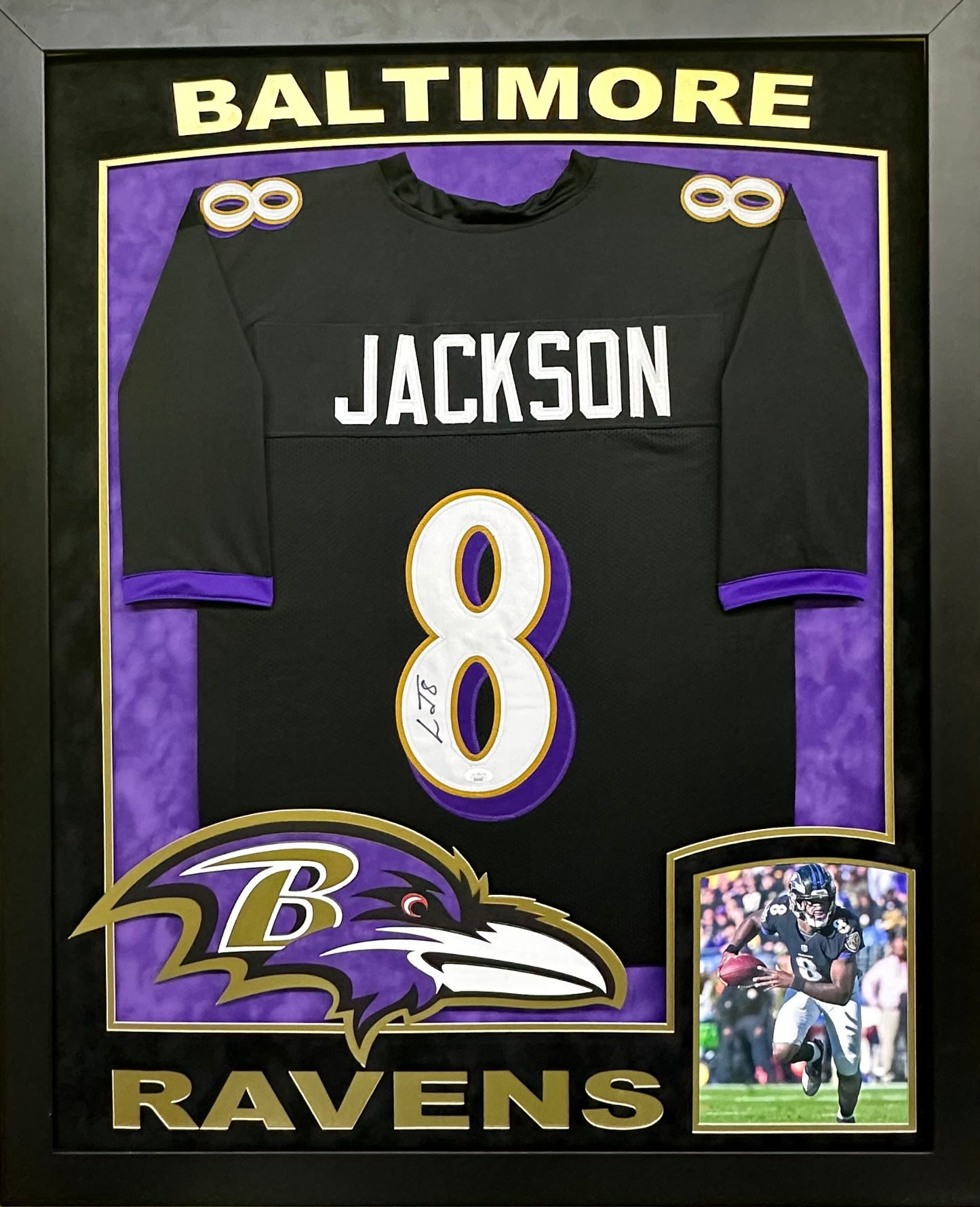 Baltimore Ravens Lamar Jackson Hand Signed Autographed Custom Black Jersey Framed with Suede Matting, XL 3D Logo, & Cutout Lettering Includes JSA COA