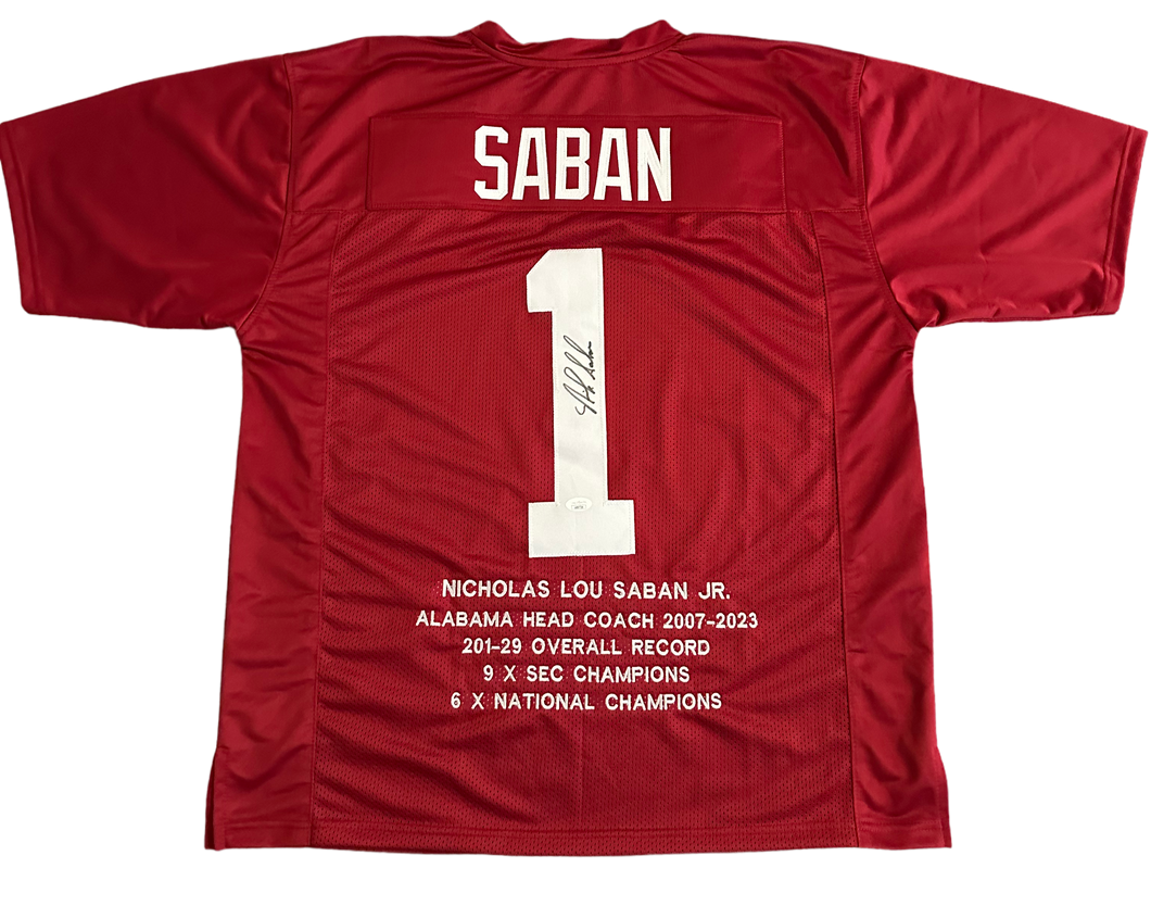 Alabama Crimson Tide “Bama” Nick Saban Hand Signed Autographed Custom Red Stat Jersey JSA COA