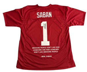 Alabama Crimson Tide “Bama” Nick Saban Hand Signed Autographed Custom Red Famous Mediocre Quote Jersey JSA COA