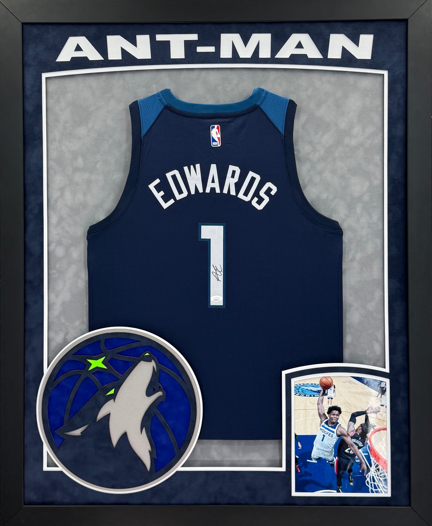 Minnesota Timberwolves Anthony Edwards Hand Signed Autographed Authentic Blue Jersey Framed and Double Suede Matted with XL 3D Logo & "Ant-Man" Cutout JSA COA