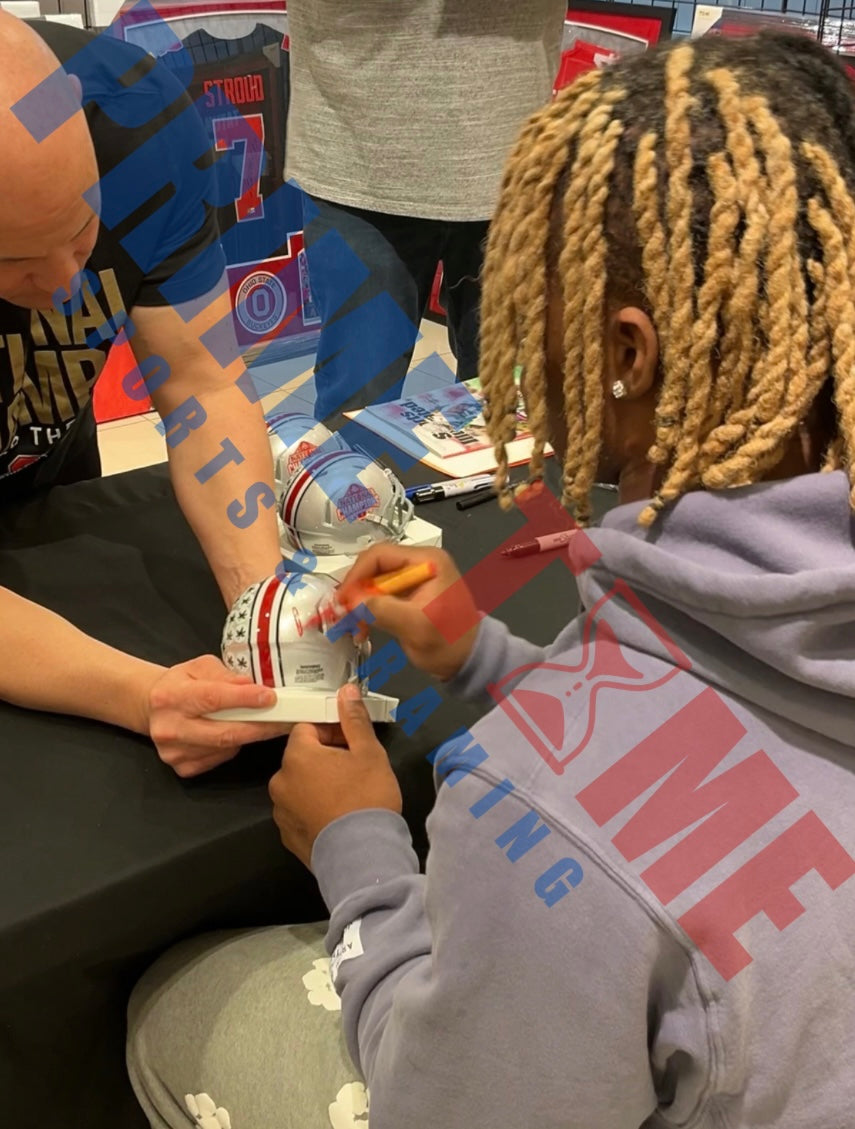The Ohio State University Buckeyes Quinshon Judkins Hand Signed Autographed 2024 National Championship Mini Helmet Signed in Red includes SWAU COA