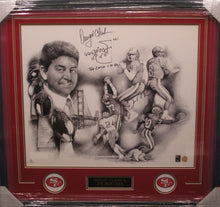 Load image into Gallery viewer, San Francisco 49ers Joe Montana &amp; Dwight Clark Dual Signed Framed &amp; Matted Lithograph with Hand Drawn Play, TD!, &amp; THE CATCH 1.10.82 Inscriptions with COA
