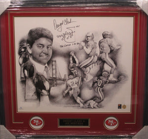 San Francisco 49ers Joe Montana & Dwight Clark Dual Signed Framed & Matted Lithograph with Hand Drawn Play, TD!, & THE CATCH 1.10.82 Inscriptions with COA