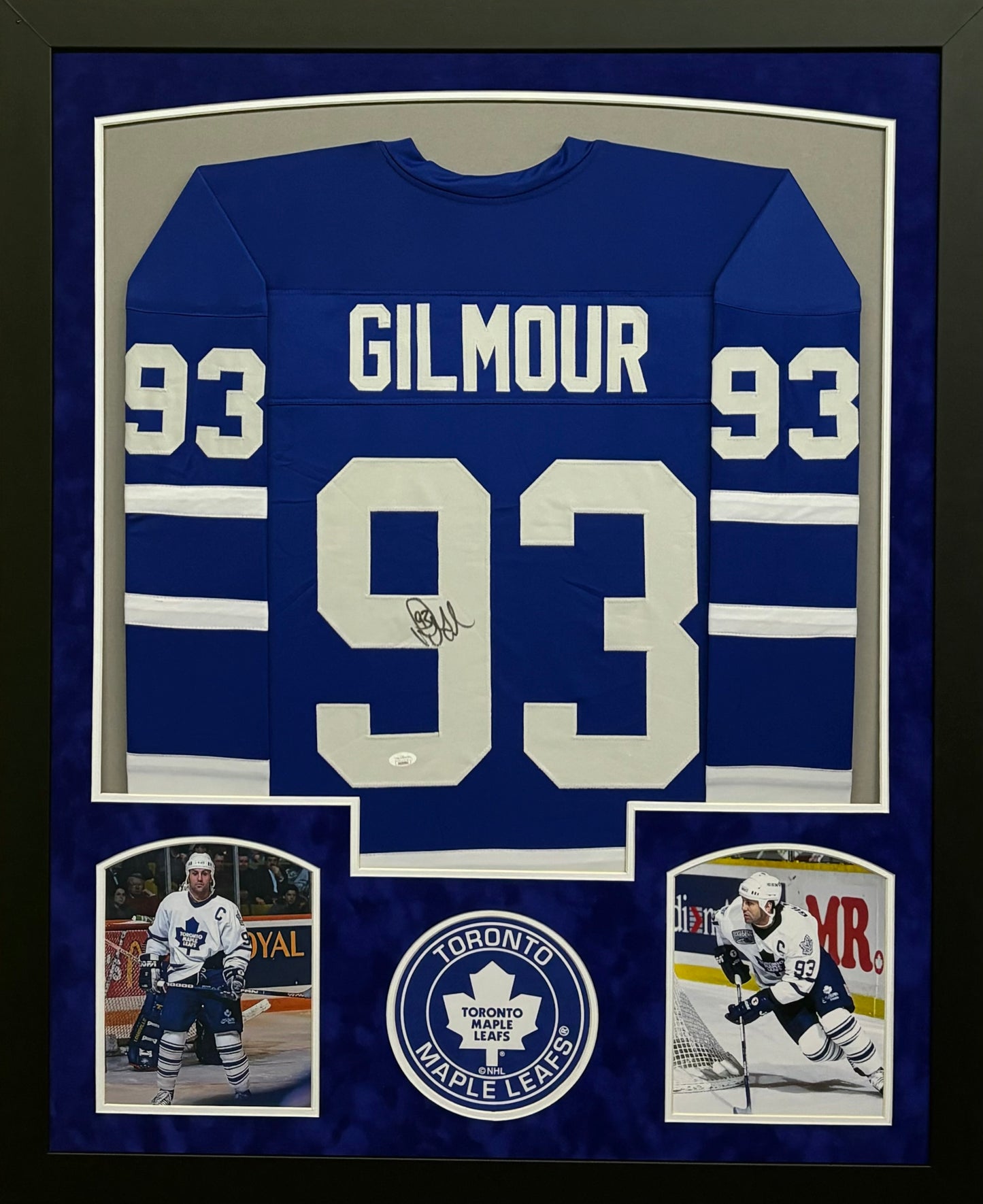 Toronto Maple Leafs Doug Gilmour Hand Signed Autographed Custom Blue Jersey Framed & Suede Matted with JSA COA