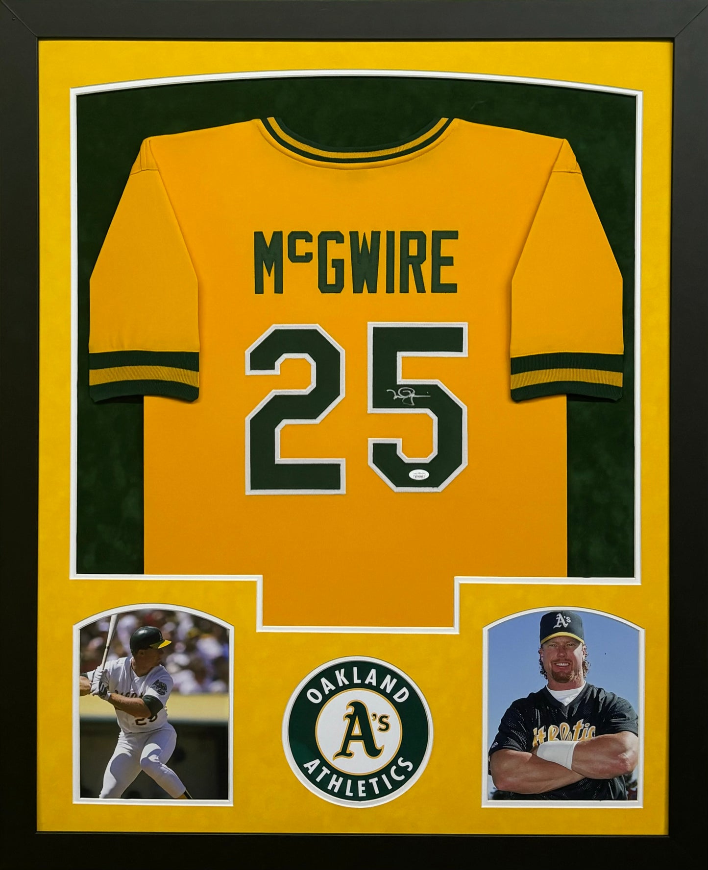 Oakland Athletics Mark McGwire Hand Signed Autographed Custom Yellow Jersey Framed & Suede Matted with JSA COA