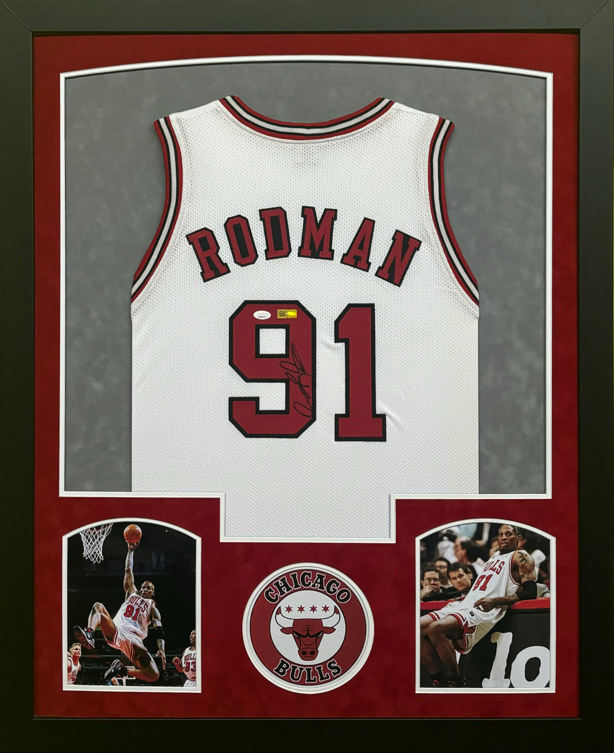 Chicago Bulls Dennis Rodman Hand Signed Autographed Custom White Jersey Framed & Suede Matted with JSA COA