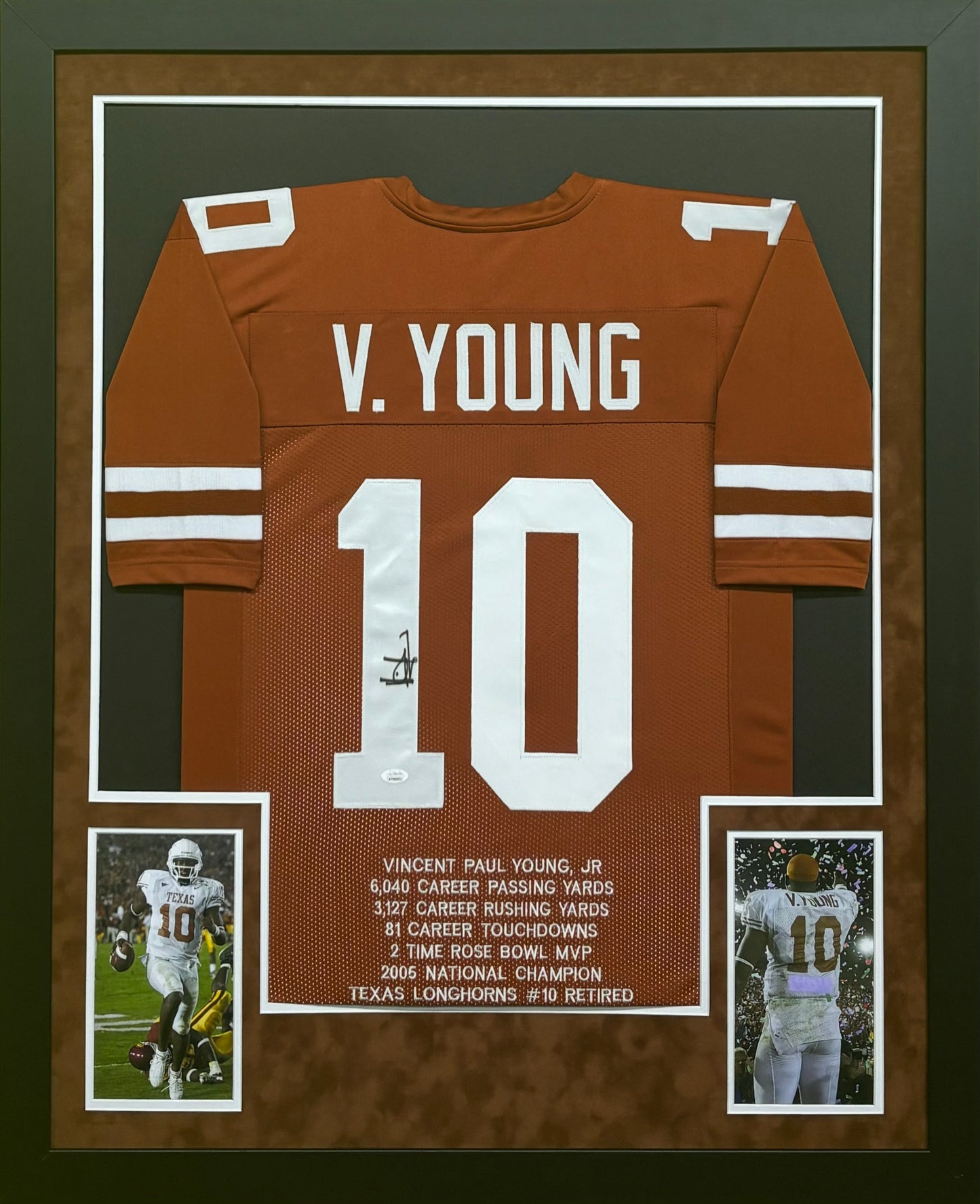 University of Texas Longhorns Vince Young Hand Signed Autographed Custom College Career Achievements Stat Jersey Framed & Suede Matted with JSA COA