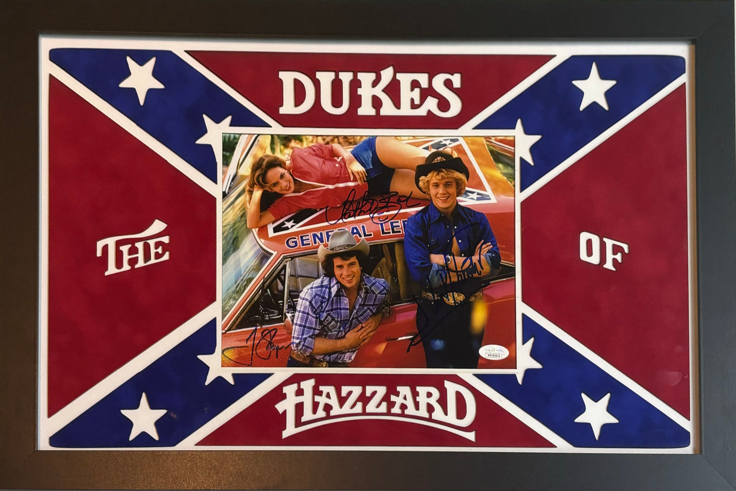 The Dukes of Hazzard "Luke Duke" Tom Wopat, "Daisy Duke" Catherine Bach, & "Bo Duke" John Schneider Triple Hand Signed Autographed 8x10 Photo Custom Framed & Cutout Suede Matted with JSA COA