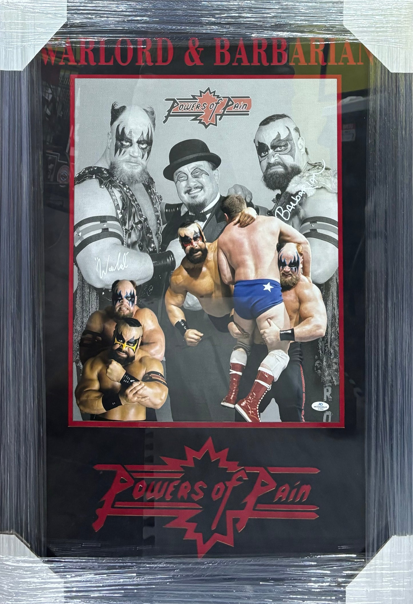 American Wrestling Tag Team Powers of Pain Warlord & Barbarian Dual Hand Signed Autographed 16x20 Photo Custom Framed & Cutout Suede Matted with COA