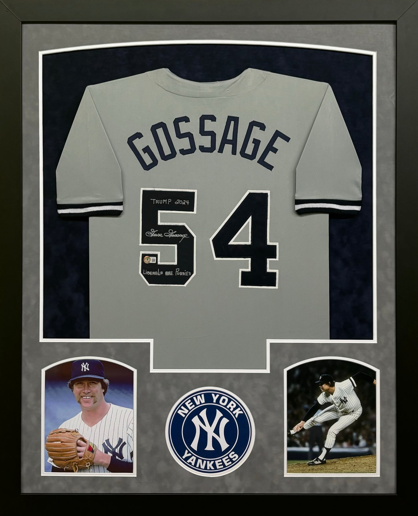 New York Yankees Richard "Goose" Gossage Hand Signed Autographed Custom Gray Jersey with Trump 2024 & Liberals Are Inscriptions Framed & Suede Matted with BECKETT COA