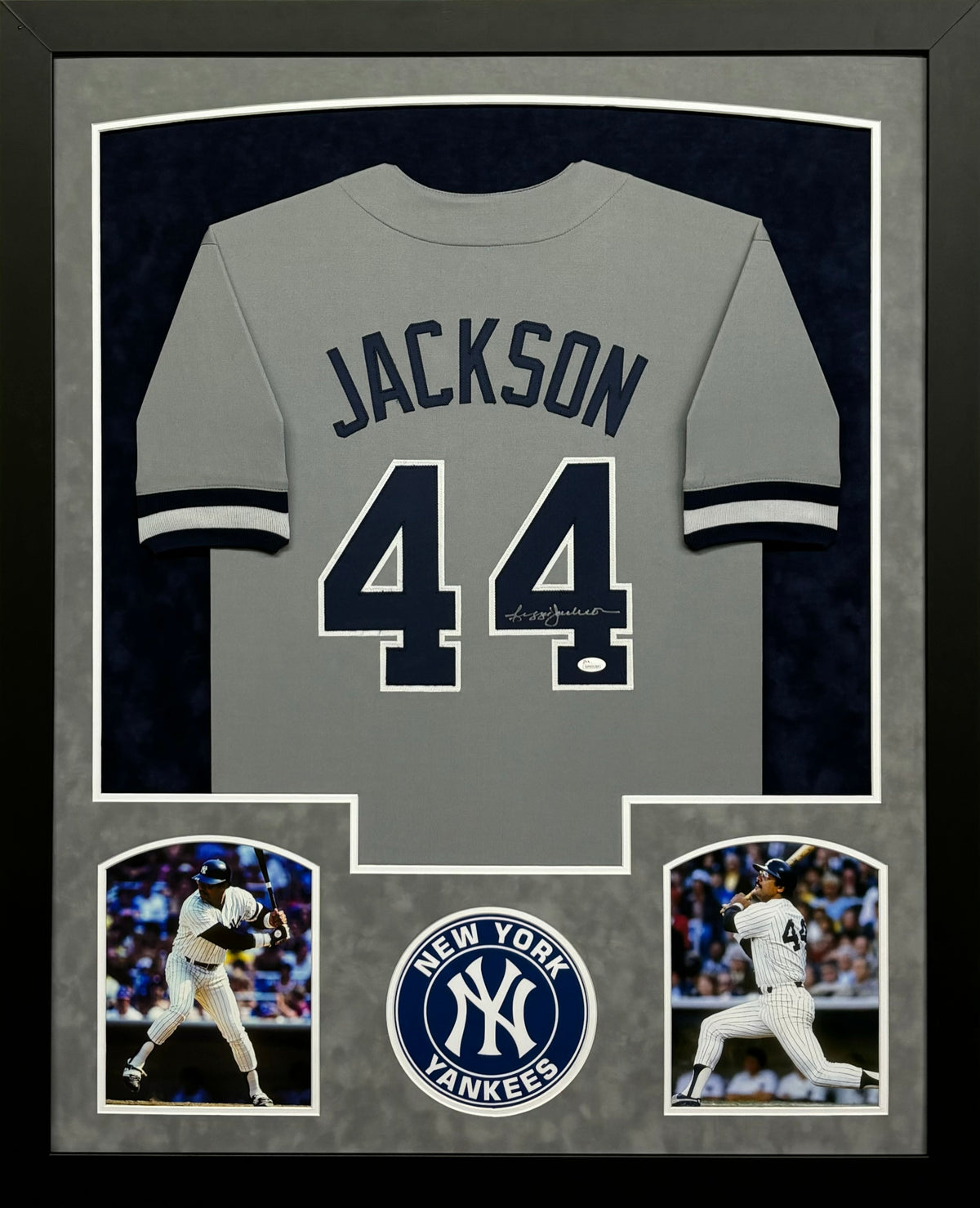 New York Yankees Reggie Jackson Hand Signed Autographed Custom Gray Jersey Framed & Suede Matted with JSA COA