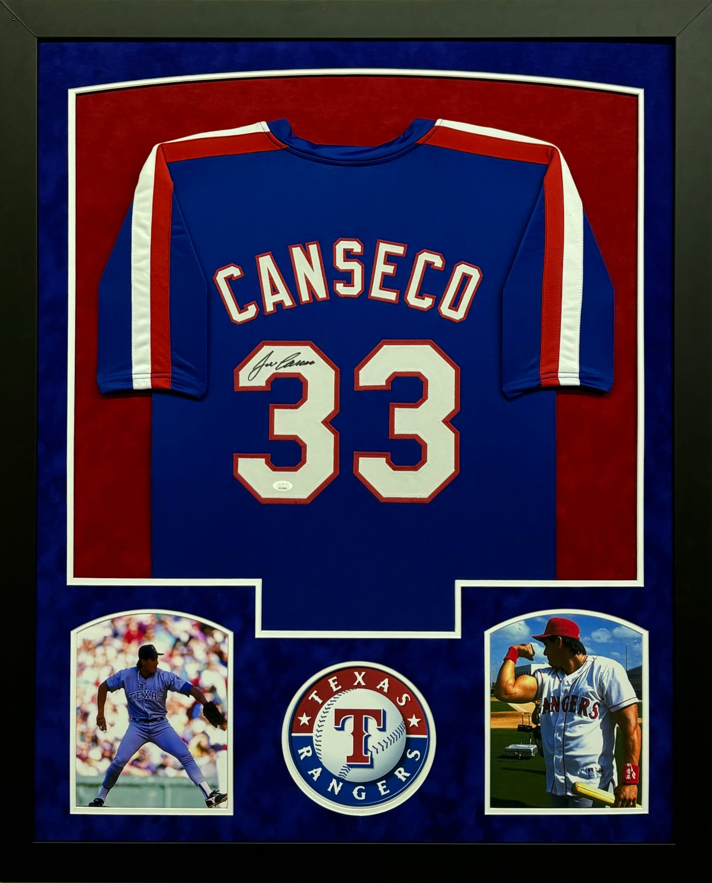 Texas Rangers Jose Canseco Hand Signed Autographed Custom Blue Jersey Framed & Suede Matted with JSA COA