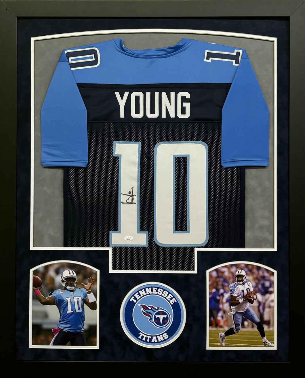 Tennessee Titans Vince Young Signed Custom Blue Jersey Framed & Suede Matted with JSA COA