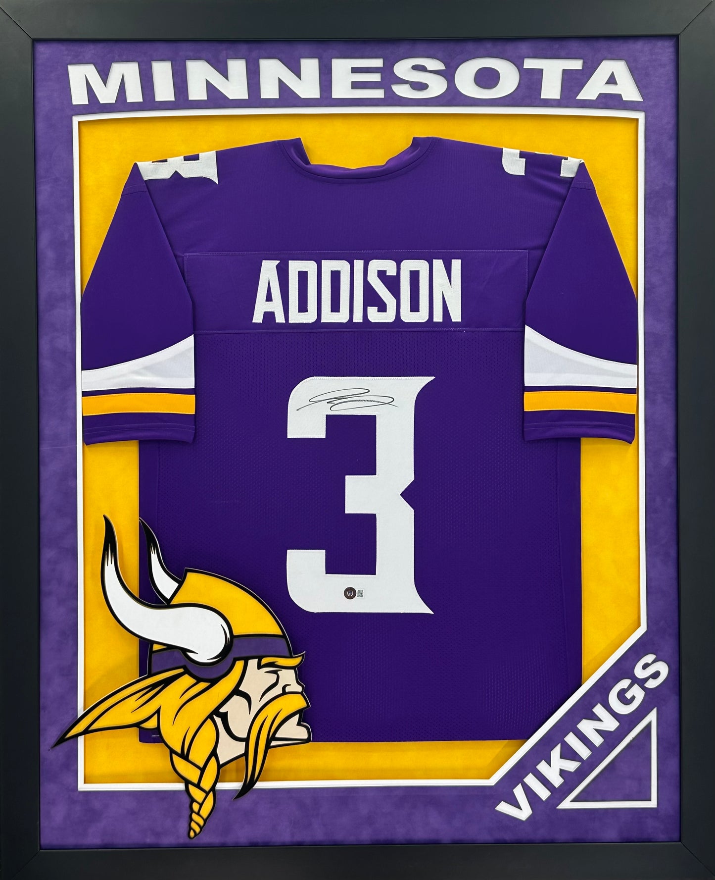 Minnesota Vikings Jordan Addison Hand Signed Autographed Custom Purple Jersey Framed with Double Suede XL 3D Logo & Team Name Cutout Beckett COA