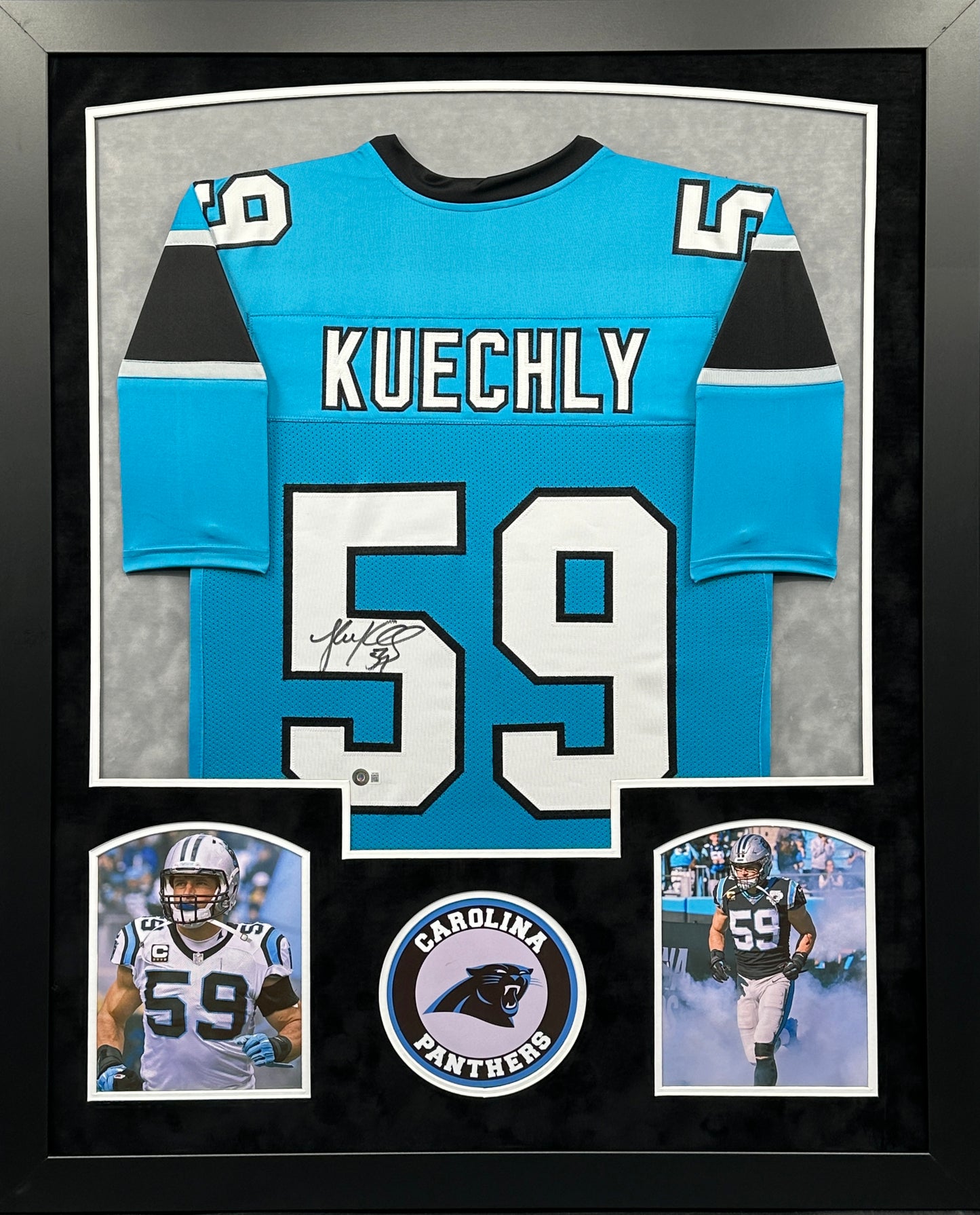 Carolina Panthers Luke Kuechly Hand Signed Autographed Custom Blue Jersey Framed & Suede Matted with BECKETT COA