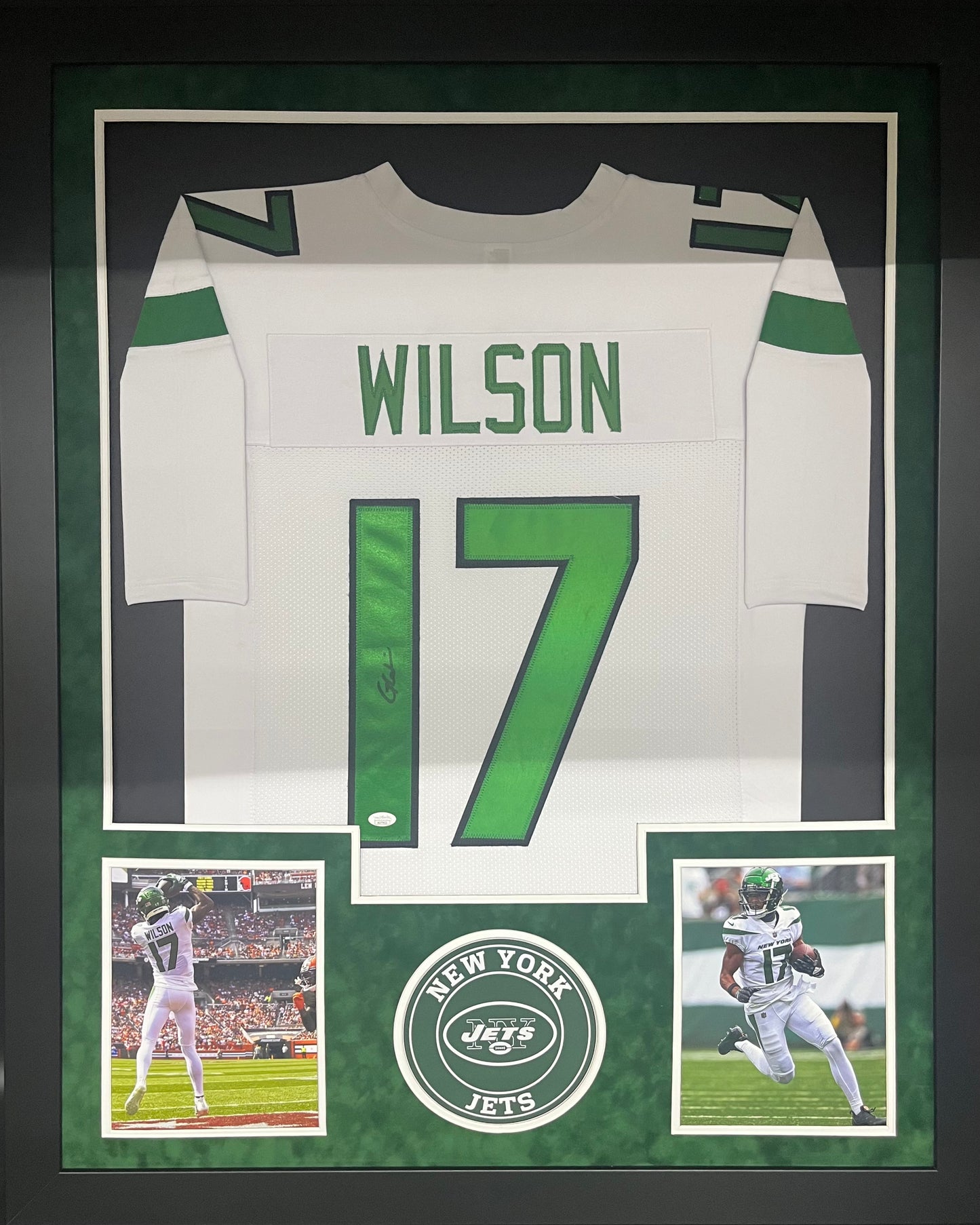 New York Jets Garrett Wilson Hand Signed Autographed Custom White Jersey Framed & Suede Matted with JSA COA