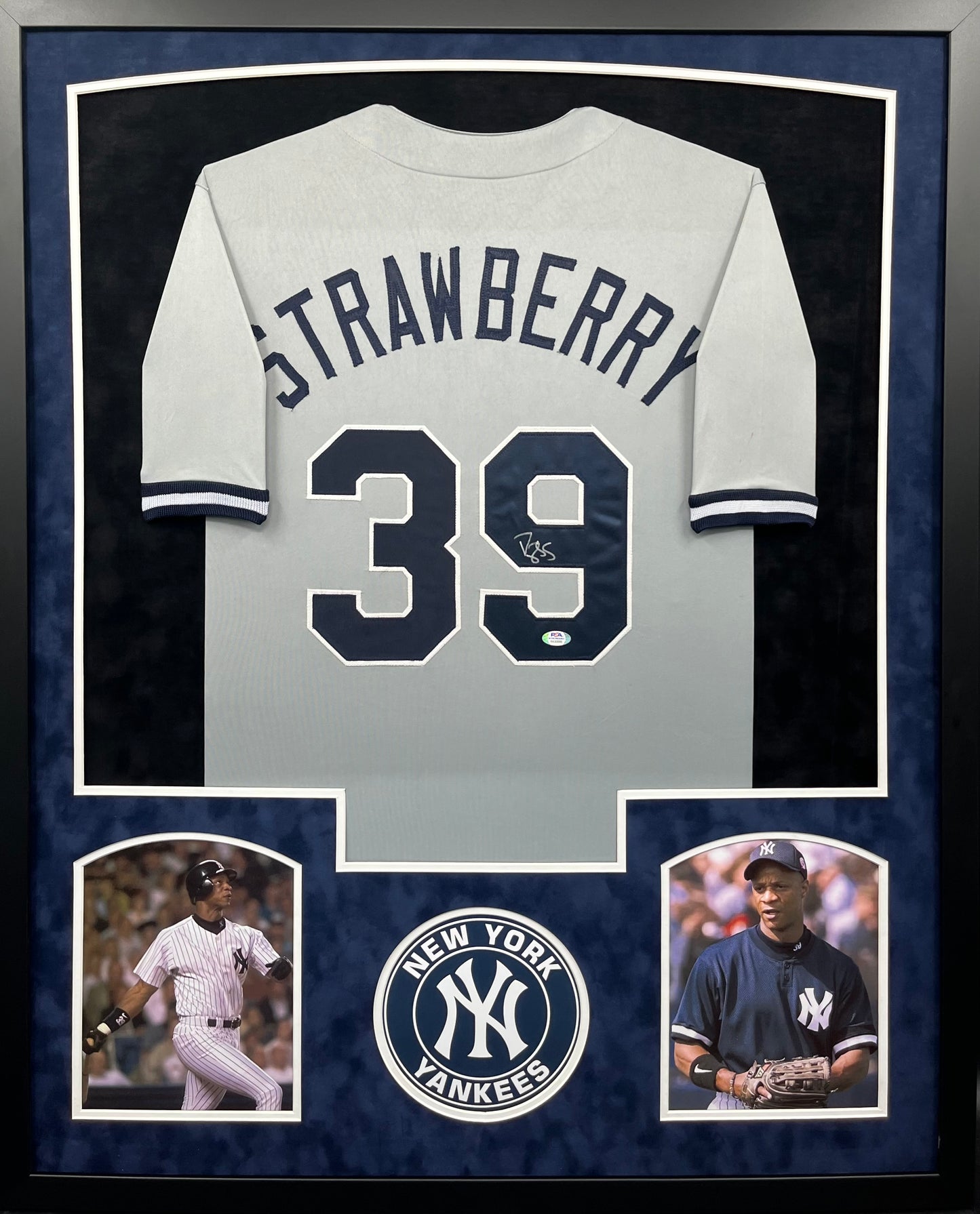 New York Yankees Darryl Strawberry Hand Signed Autographed Custom Gray Jersey Framed & Suede Matted with PSA COA