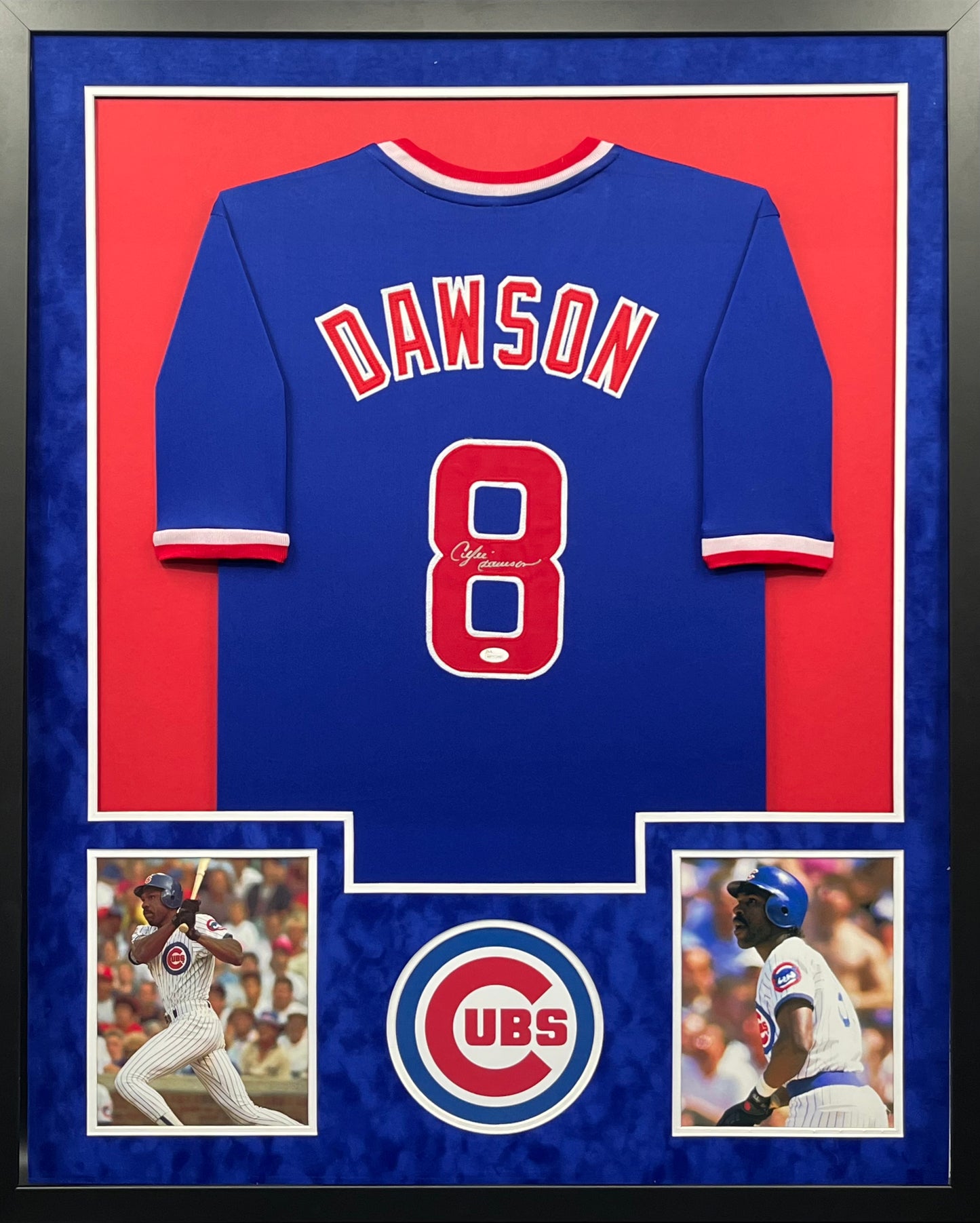 Chicago Cubs Andre Dawson Hand Signed Autographed Custom Blue Jersey Framed & Suede Matted with JSA COA