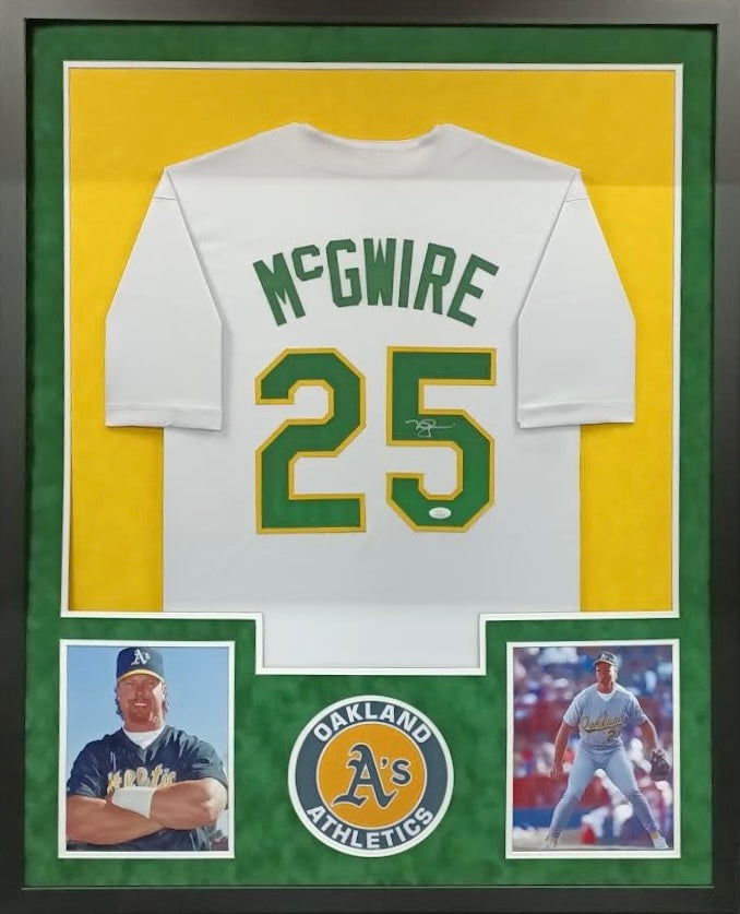 Oakland Athletics Mark McGwire Hand Signed Autographed Custom White Jersey Framed & Suede Matted with JSA COA