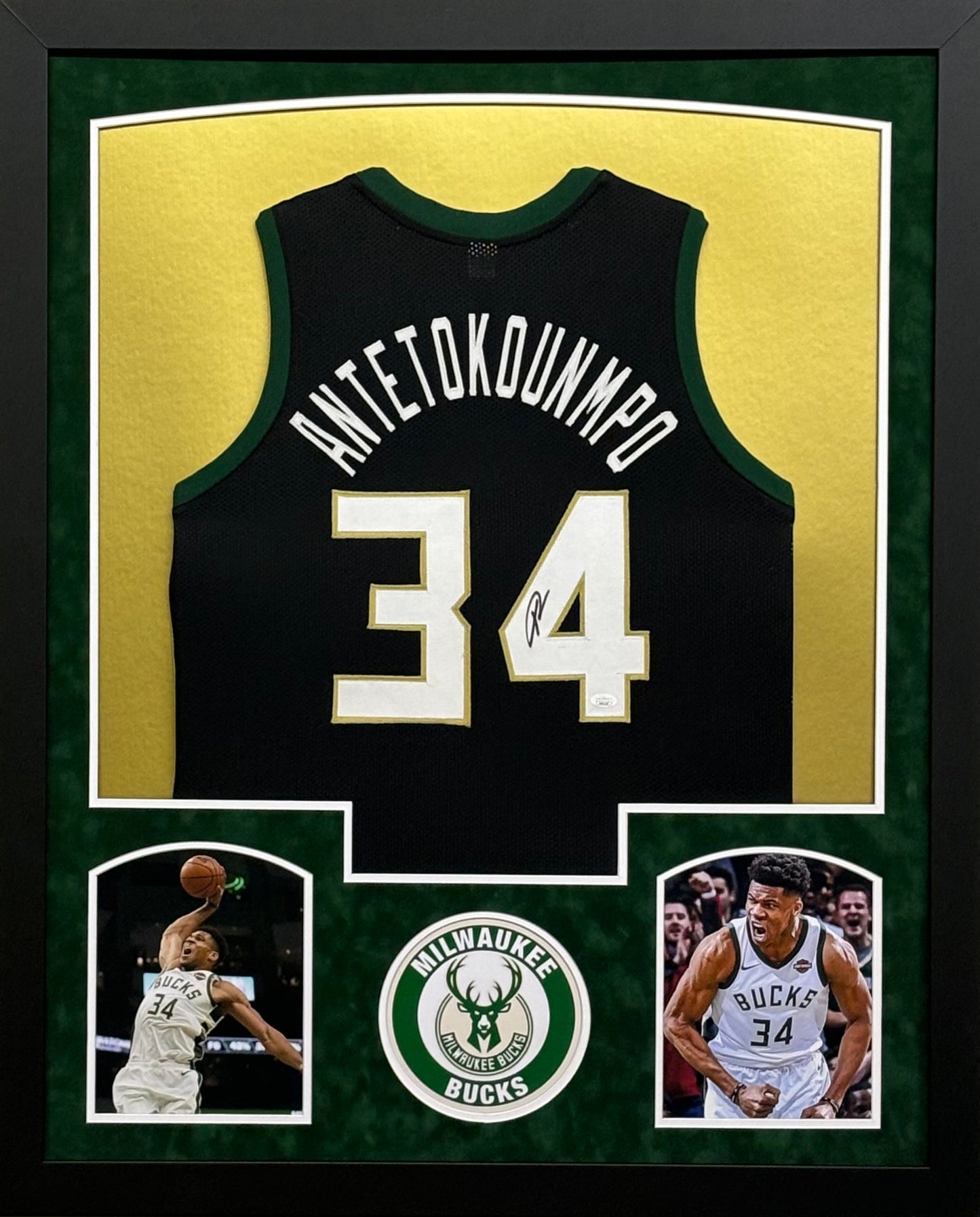 Milwaukee Bucks Giannis Antetokounmpo Hand Signed Autographed Black Jersey Framed & Suede Matted with JSA COA