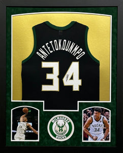 Milwaukee Bucks Giannis Antetokounmpo Signed Black Jersey Framed & Suede Matted with JSA COA
