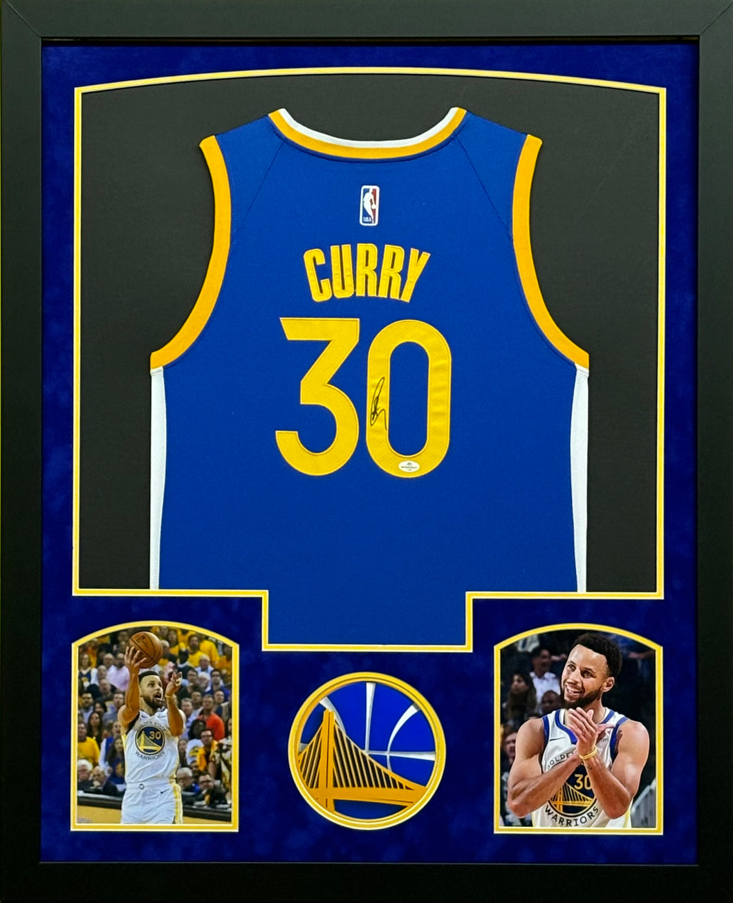 Golden State Warriors Stephen Curry Signed Blue Jersey Framed & Suede Matted with COA