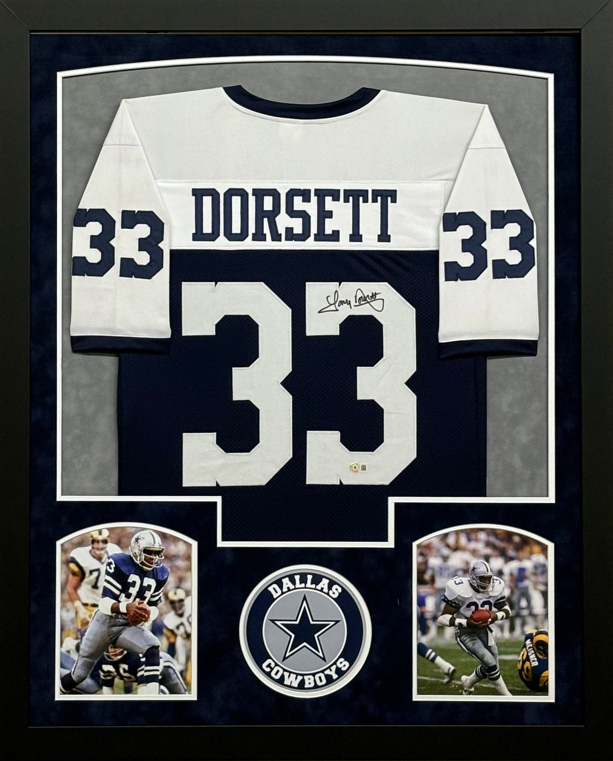 Dallas Cowboys Tony Dorsett Hand Signed Autographed Blue Jersey Framed & Suede Matted with BECKETT COA
