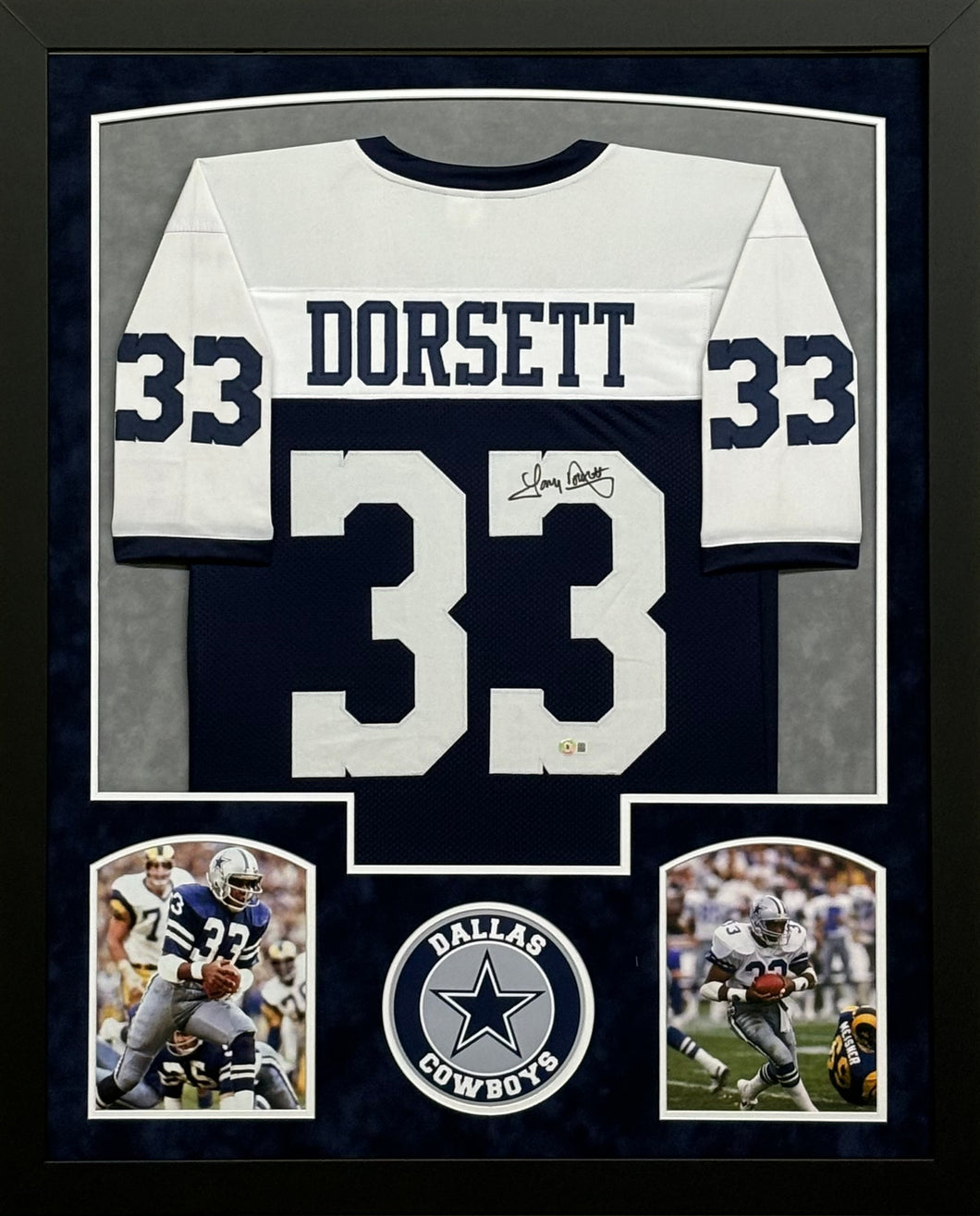 Dallas Cowboys Tony Dorsett Signed Blue Jersey Framed & Suede Matted with BECKETT COA
