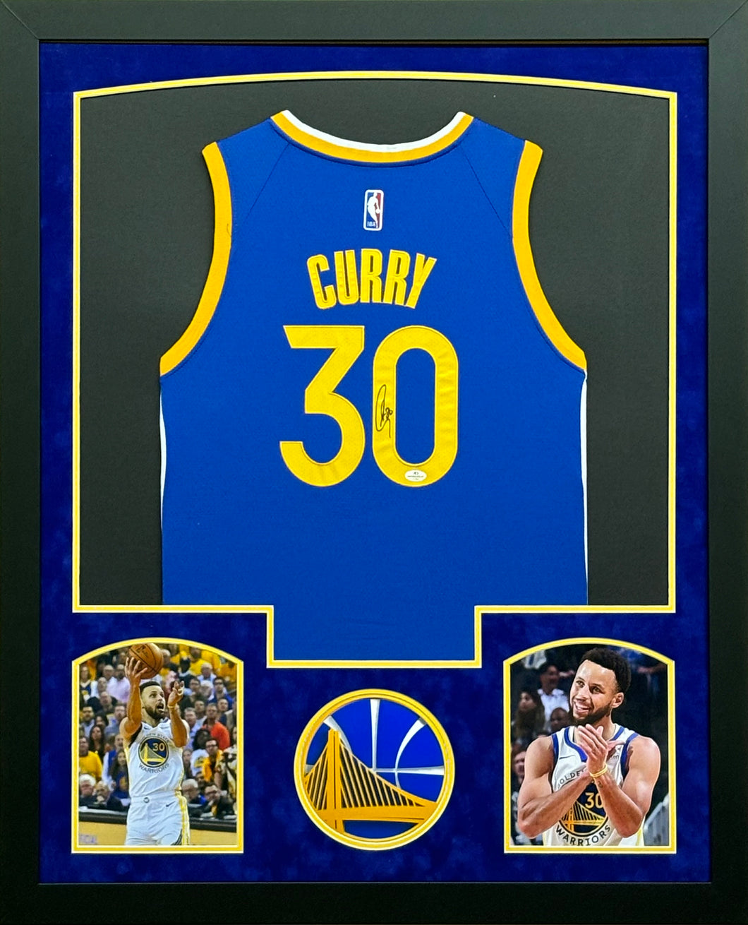 Golden State Warriors Stephen Curry Signed Blue Jersey Framed & Suede Matted with COA