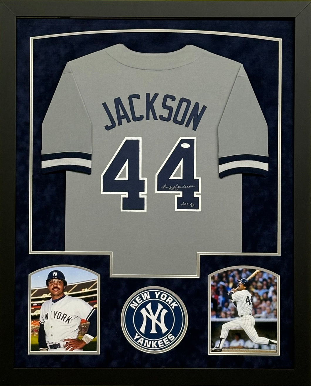 New York Yankees Reggie Jackson Signed Gray Jersey with HOF 93 Inscription Framed & Suede Matted with JSA COA
