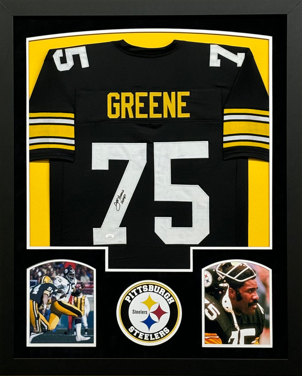 Pittsburgh Steelers Joe Greene Signed Black Jersey with HOF 87 Inscription Framed & Suede Matted with JSA COA