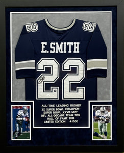 Dallas Cowboys Emmitt Smith Signed Blue Career Achievements Stat Jersey Framed & Suede Matted with JSA COA
