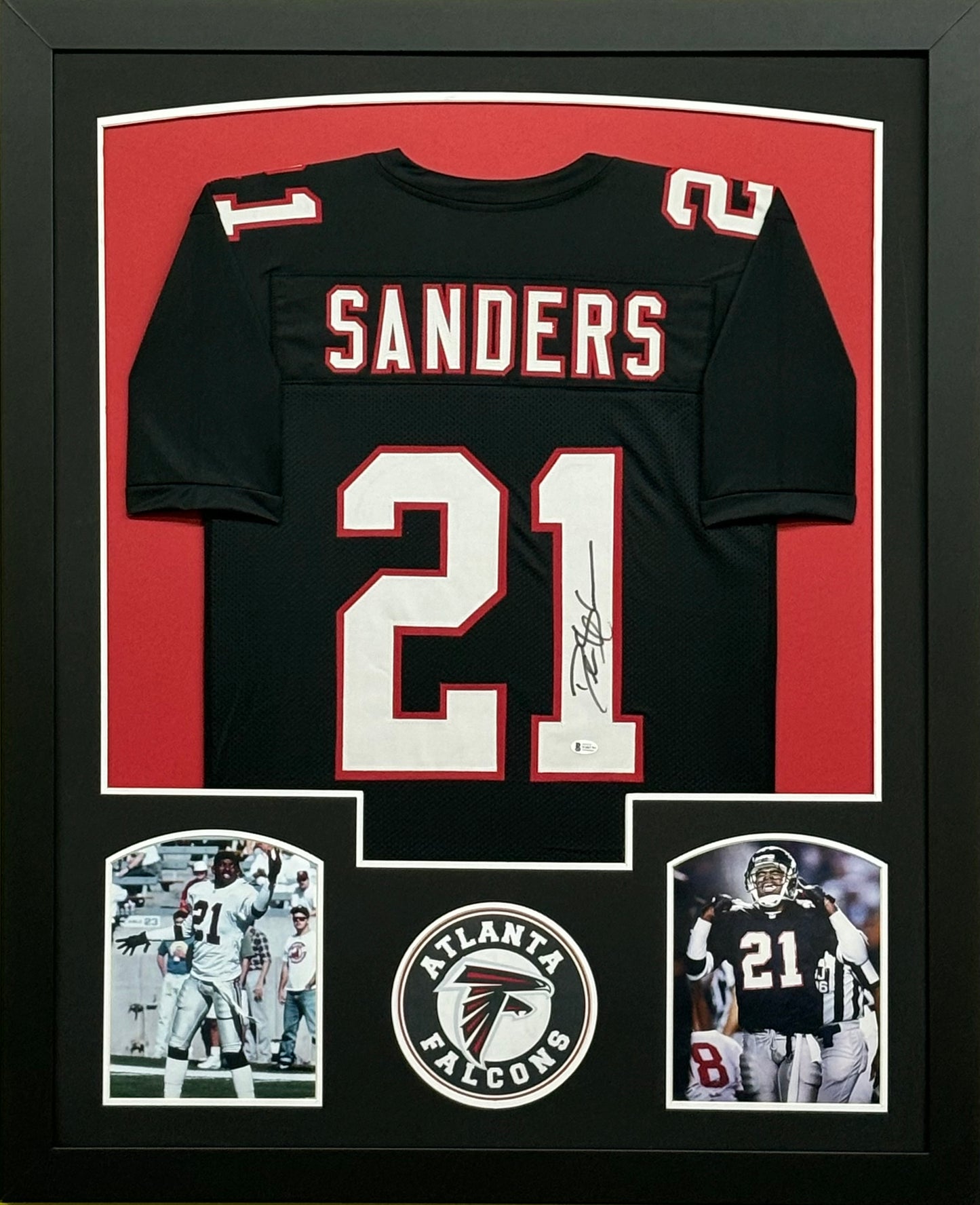 Atlanta Falcons Deion Sanders Hand Signed Autographed Custom Black Jersey Framed with Matting Includes Beckett COA