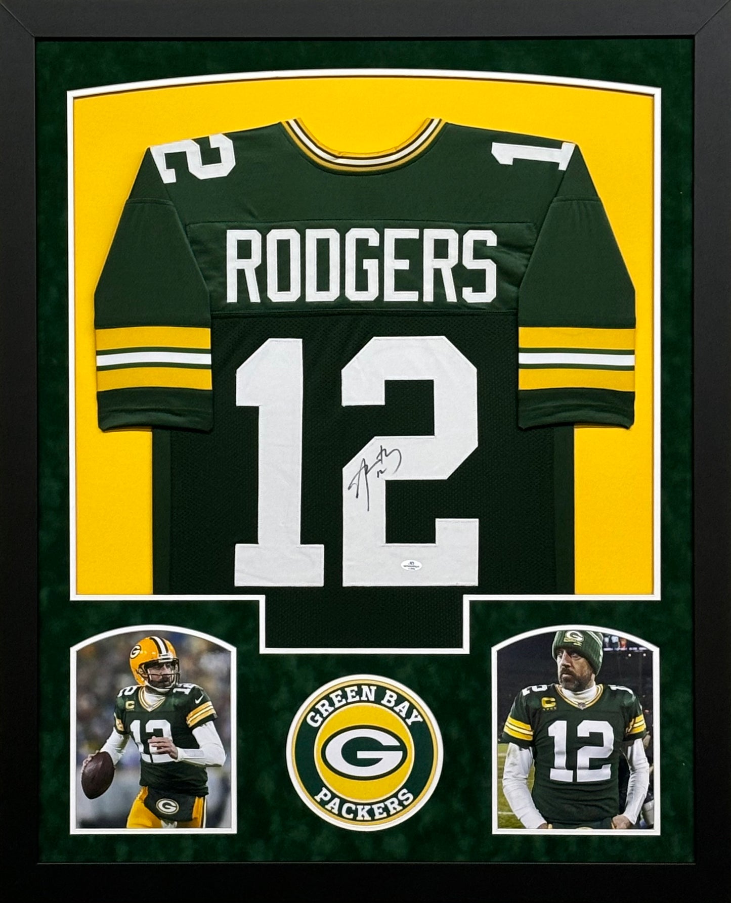 Green Bay Packers Aaron Rodgers Hand Signed Autographed Custom Green Jersey Framed & Suede Matted with COA