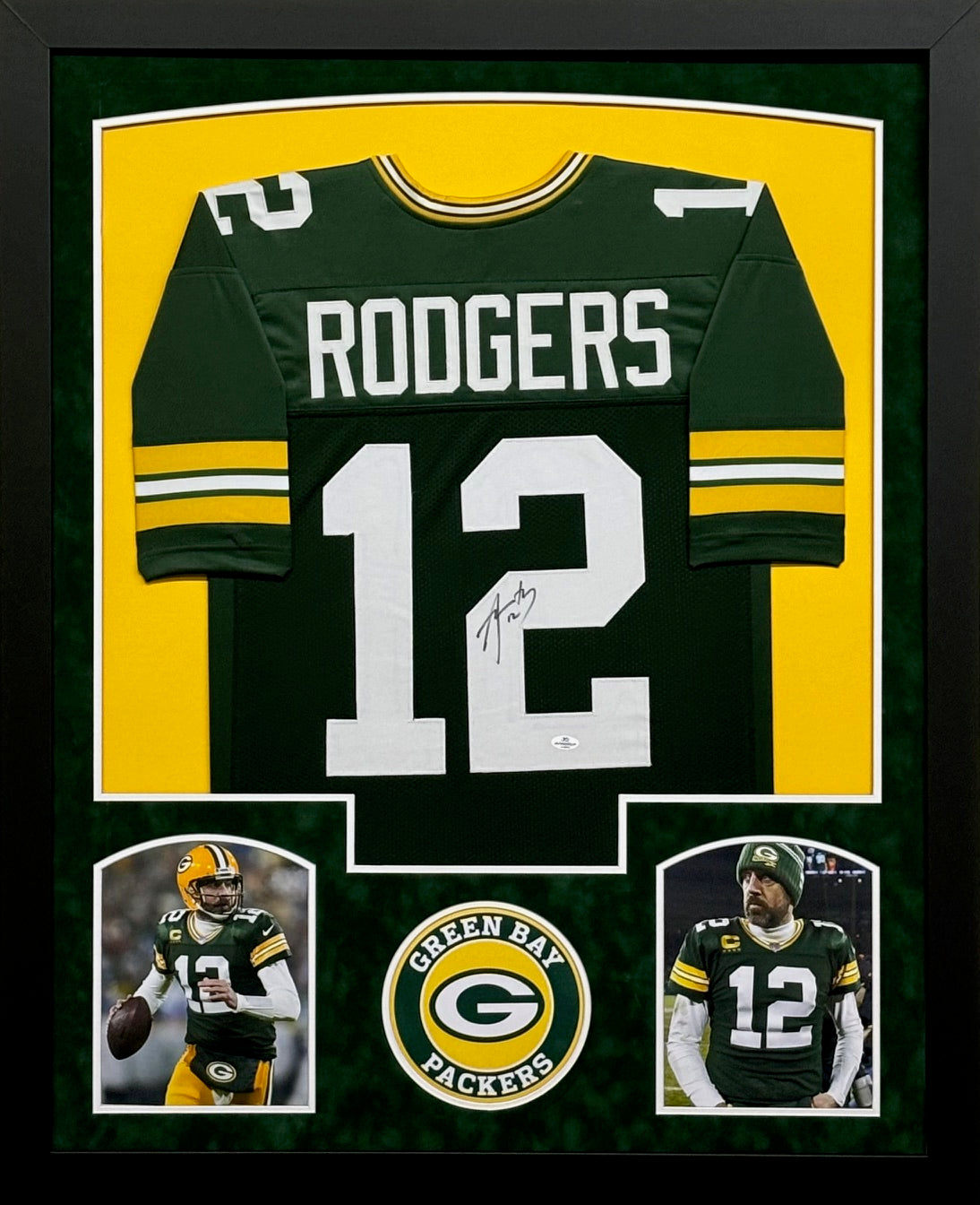 Green Bay Packers Aaron Rodgers Hand Signed Autographed Custom Green Jersey Framed & Suede Matted with COA